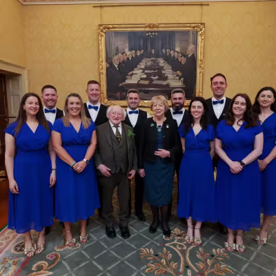 Image showing the Beartla O Flatharta Céili Band with President Higgins and Sabina Higgins