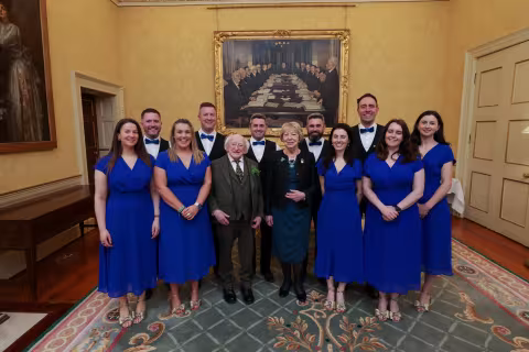 Image showing the Beartla O Flatharta C&eacute;ili Band with President Higgins and Sabina Higgins